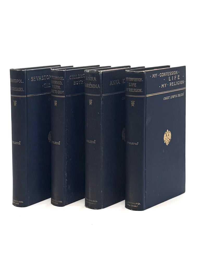 Item #1684 [Works: Nine Volumes]; [Comprised of:] War & Peace; Anna Karenina; Sevastopol & The Cossacks; My Confession & Life & My Religion; Childhood, Boyhood, Youth & What to Do? The Invaders & A Russian Proprietor; Ivan Ilyitch & Family Happiness; The Physiology of War & Power and Liberty & The Long Exile. Count Lyof N. Tolstoi, Leo Tolstoy.
